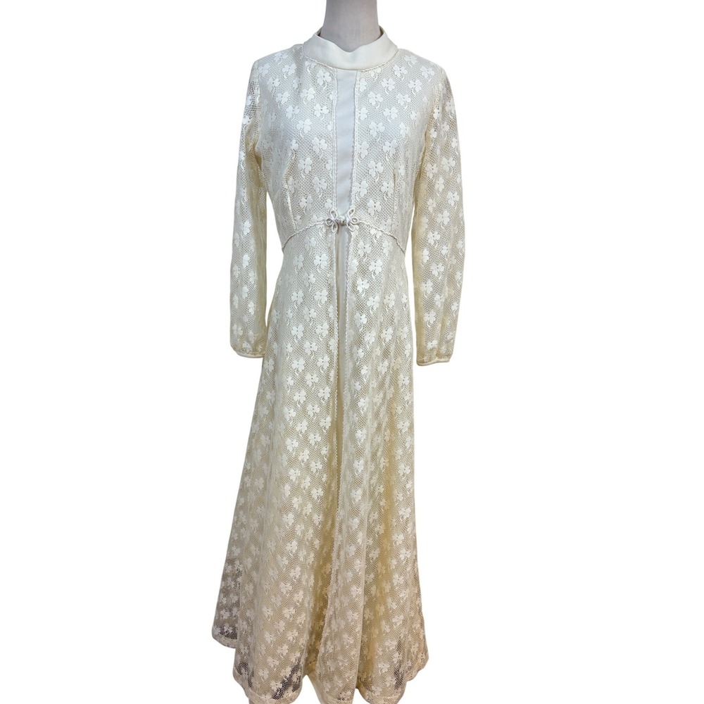 Vtg 70s Toni Todd Wedding Dress sz L Cream Shamrock Lace Maxi Long sleeve boho